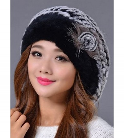 Berets Women's Winter Rex Rabbit Fur Beret Hat with Fur Flower - Blk Grey - C712N70GDKA $21.45