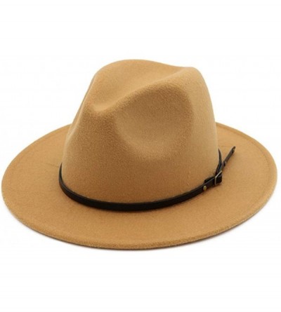 Fedoras Vintage Women's Wide Brim Floppy Panama Hat with Belt Buckle Fedora Hat - Camel - CH18H5ASG52 $26.47