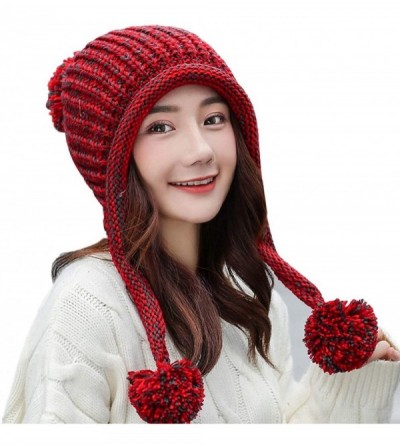 Skullies & Beanies Women Winter Peruvian Beanie Hat Ski Cap Fleece Lined Ear Flaps Dual Layered Pompoms - A19-013-red - C4186...