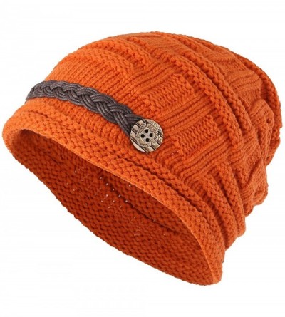 Skullies & Beanies Women Winter Beanie Cabled Checker Pattern Knit Hat Button Strap Cap - Orange - CS129NHA5ZV $9.93