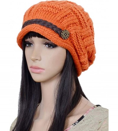 Skullies & Beanies Women Winter Beanie Cabled Checker Pattern Knit Hat Button Strap Cap - Orange - CS129NHA5ZV $9.93