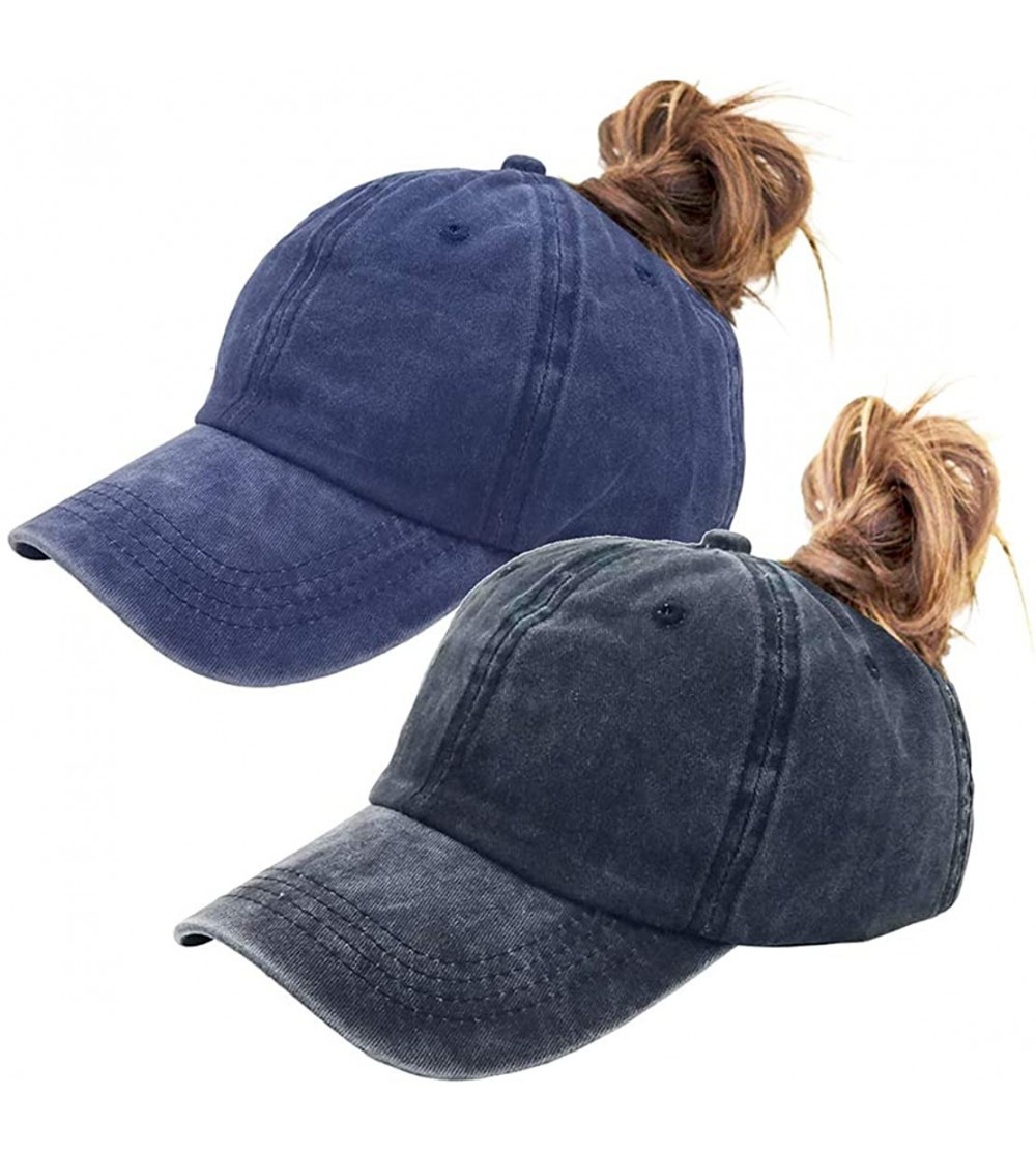 Baseball Caps Ponytail Baseball Hat Distressed Retro Washed Cotton Twill - Black+denim Blue - C718NMS3K97 $14.98