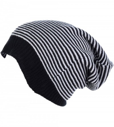 Skullies & Beanies an Unisex Striped Knit Slouchy Beanie Hat Lightweight Soft Fashion Cap - Black White - CJ12CJFDWFF $12.51
