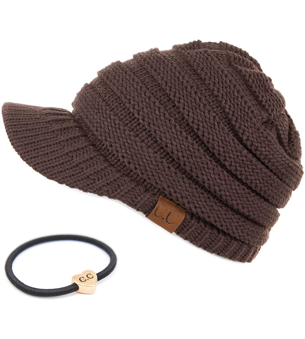 Skullies & Beanies Hatsandscarf Exclusives Women's Ribbed Knit Hat with Brim (YJ-131) - Brown With Ponytail Holder - CX18XGK3...