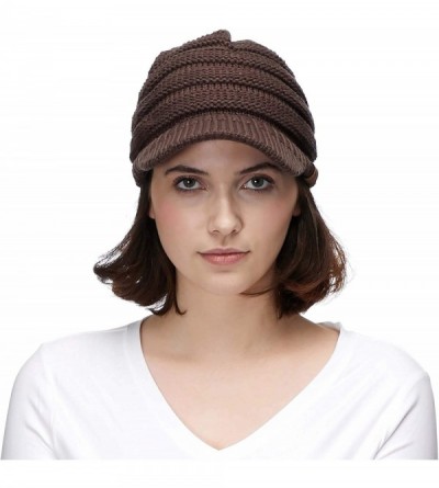 Skullies & Beanies Hatsandscarf Exclusives Women's Ribbed Knit Hat with Brim (YJ-131) - Brown With Ponytail Holder - CX18XGK3...