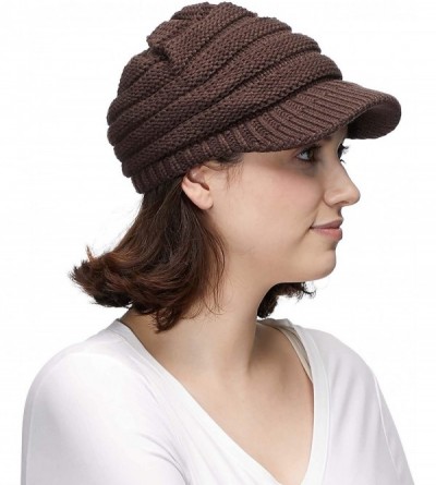 Skullies & Beanies Hatsandscarf Exclusives Women's Ribbed Knit Hat with Brim (YJ-131) - Brown With Ponytail Holder - CX18XGK3...