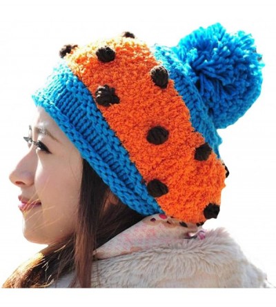 Skullies & Beanies Women Girl Dotted Fluffy Knit Cute Beanie Crochet Rib Pom Pom Hat Cap Warm FFH003BEI Beige - Orange & Blue...