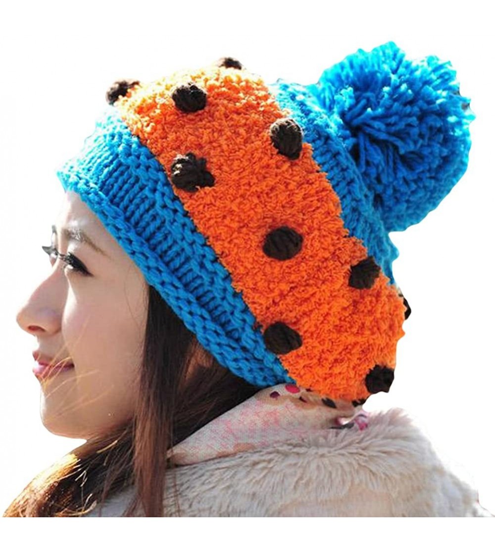 Skullies & Beanies Women Girl Dotted Fluffy Knit Cute Beanie Crochet Rib Pom Pom Hat Cap Warm FFH003BEI Beige - Orange & Blue...