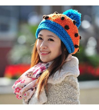 Skullies & Beanies Women Girl Dotted Fluffy Knit Cute Beanie Crochet Rib Pom Pom Hat Cap Warm FFH003BEI Beige - Orange & Blue...