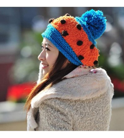 Skullies & Beanies Women Girl Dotted Fluffy Knit Cute Beanie Crochet Rib Pom Pom Hat Cap Warm FFH003BEI Beige - Orange & Blue...