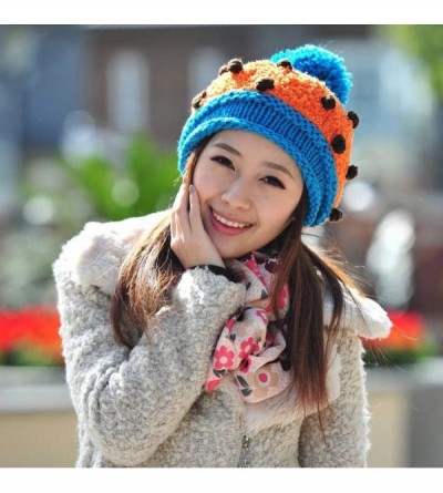 Skullies & Beanies Women Girl Dotted Fluffy Knit Cute Beanie Crochet Rib Pom Pom Hat Cap Warm FFH003BEI Beige - Orange & Blue...