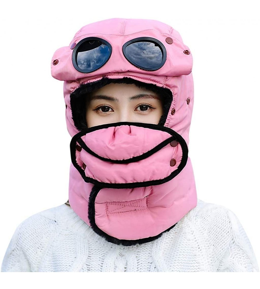 Balaclavas Unisex Warm Waterproof Trapper Hat Ear Flap Thermal Neck Warmer Winter Hat with Goggles - Pink - C418ARN6050 $18.70