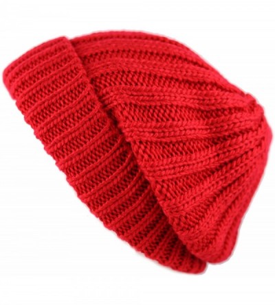 Skullies & Beanies Winter Big Slouchy Chunky Thick Stretch Knit Beanie Fleece Lined Beanie Without Pom Hat - 1. Straight Red ...