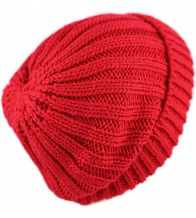 Skullies & Beanies Winter Big Slouchy Chunky Thick Stretch Knit Beanie Fleece Lined Beanie Without Pom Hat - 1. Straight Red ...
