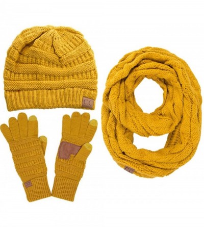 Skullies & Beanies 3pc Set Trendy Warm Chunky Soft Stretch Cable Knit Beanie Scarves Gloves Set - Mustard - CZ187GOS6DK $38.78