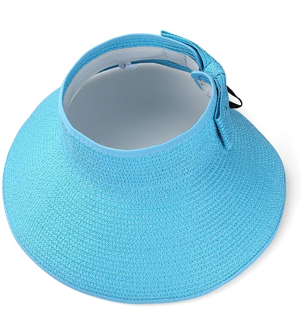 Visors Straw Wide Brim Foldable Roll Up Floppy Visor Sun Hat with Bow - Baby Blue - CT12GYNC38F $12.02