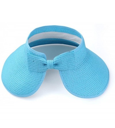 Visors Straw Wide Brim Foldable Roll Up Floppy Visor Sun Hat with Bow - Baby Blue - CT12GYNC38F $12.02