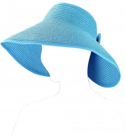 Visors Straw Wide Brim Foldable Roll Up Floppy Visor Sun Hat with Bow - Baby Blue - CT12GYNC38F $12.02