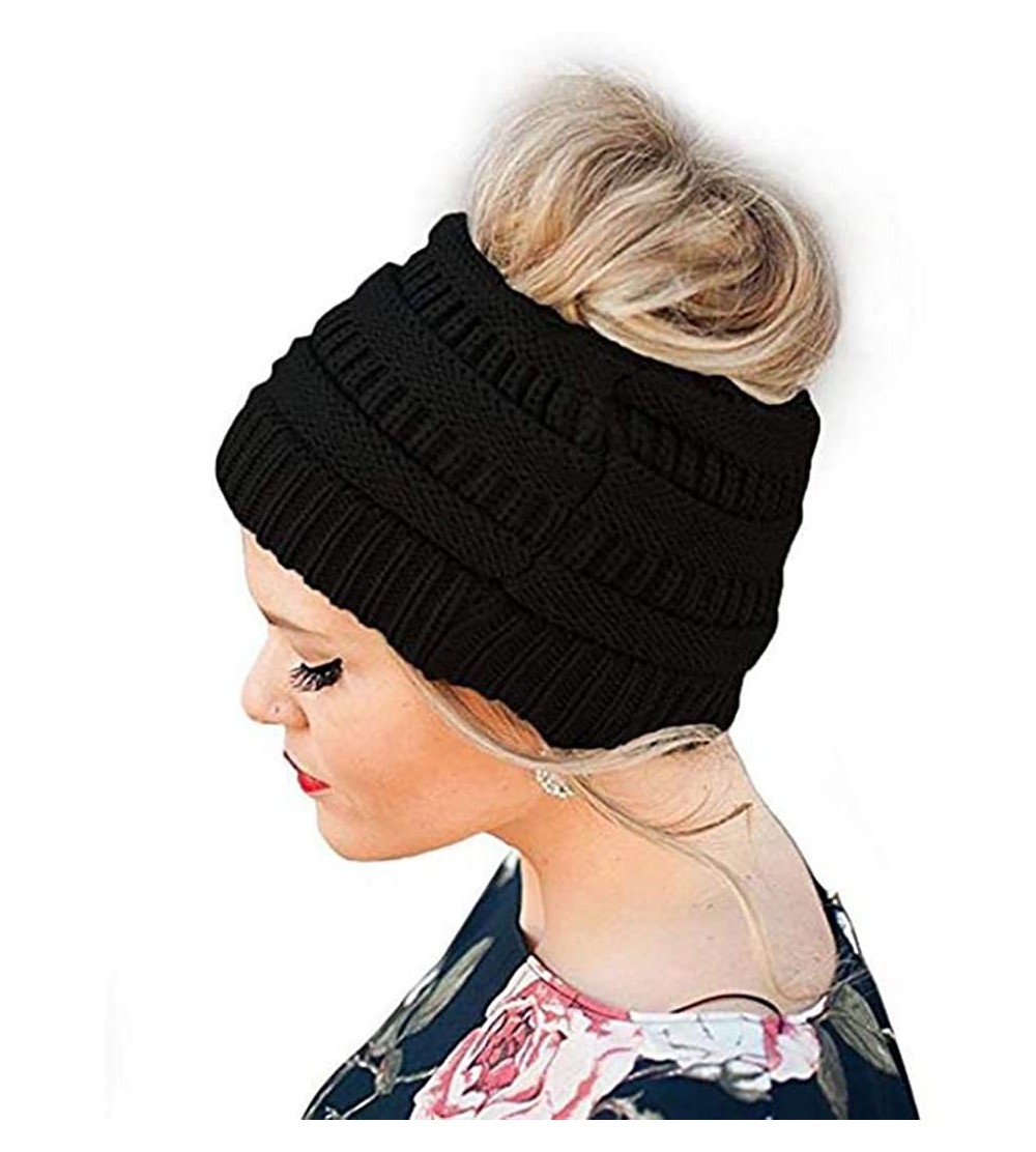 Skullies & Beanies Unisex Fashion Bun Ponytail Soft Stretch Winter Beanie Tail Hat Hats & Caps - Black - CY1920RY69W $23.08