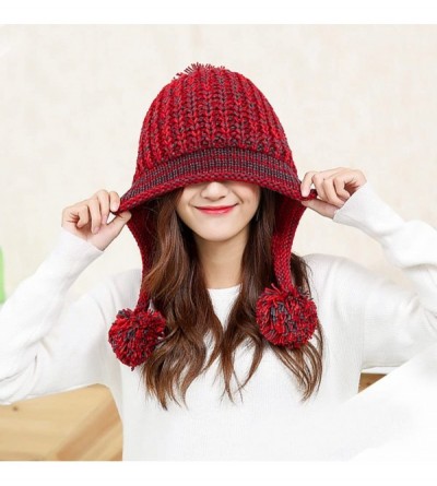 Skullies & Beanies Women Winter Peruvian Beanie Hat Ski Cap Fleece Lined Ear Flaps Dual Layered Pompoms - A19-013-red - C4186...