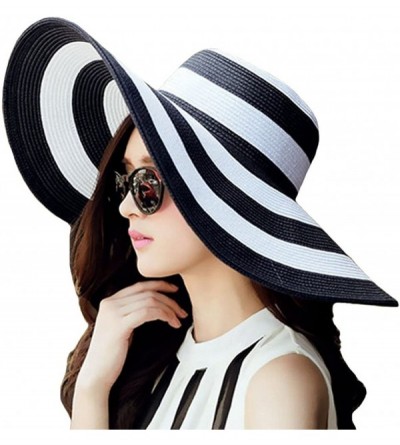 Sun Hats Women' s Summer Pure Sunshade Straw Cap Floppy Big Bow Knot Beach Sun Hat 002 - Black-white Strip - CO18WEIYU00 $7.62