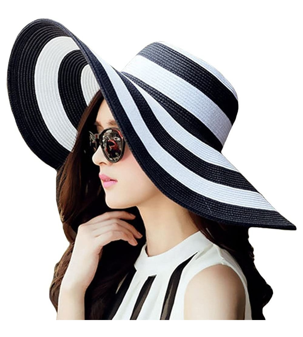 Sun Hats Women' s Summer Pure Sunshade Straw Cap Floppy Big Bow Knot Beach Sun Hat 002 - Black-white Strip - CO18WEIYU00 $7.62