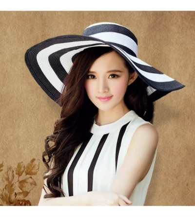 Sun Hats Women' s Summer Pure Sunshade Straw Cap Floppy Big Bow Knot Beach Sun Hat 002 - Black-white Strip - CO18WEIYU00 $7.62