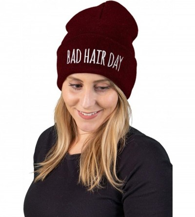 Skullies & Beanies Embroidered Beanie Dog Mom Gym Sports Holiday Knitted Hat Skull Cap - Bad Hair Day - Burgundy - CM18STESKM...