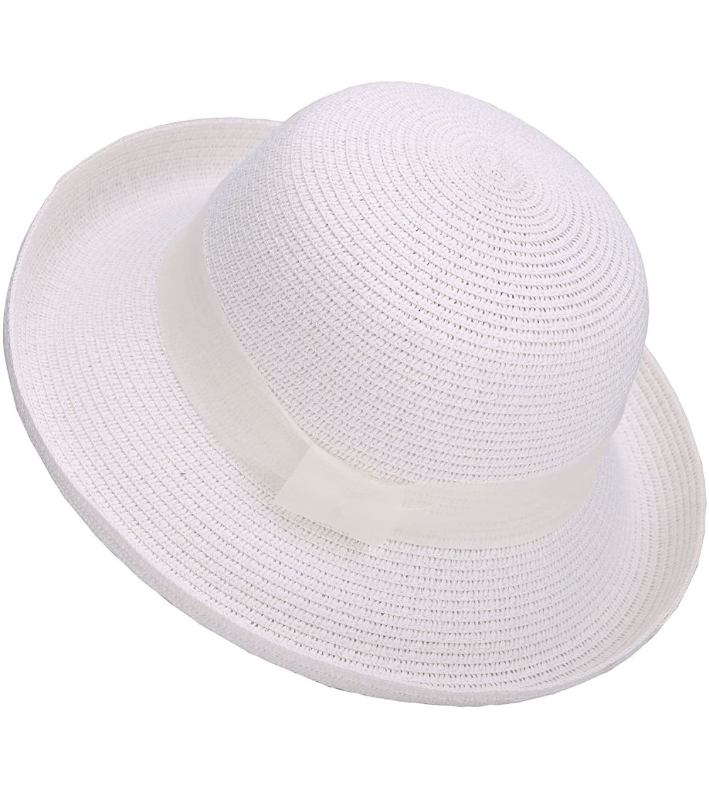 Sun Hats Womens Foldable UPF 50+ Structured Curved Wide Brim Bucket Straw Sun Hat - White - CP180ZG8XUG $14.07