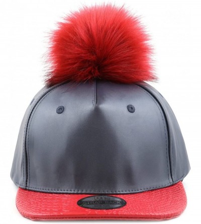 Baseball Caps Premium Quality Faux Fur Pom Pom Buckle Closure Flat Bill PU Cap - Navy Red - CZ12FY5LCHR $21.67