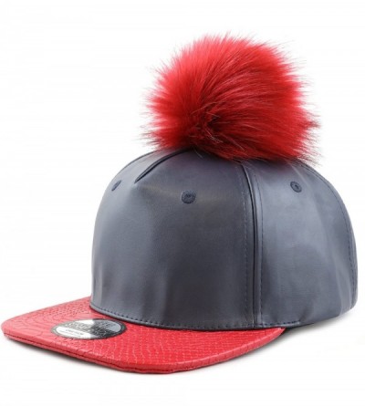Baseball Caps Premium Quality Faux Fur Pom Pom Buckle Closure Flat Bill PU Cap - Navy Red - CZ12FY5LCHR $10.55