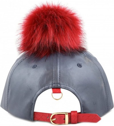 Baseball Caps Premium Quality Faux Fur Pom Pom Buckle Closure Flat Bill PU Cap - Navy Red - CZ12FY5LCHR $10.55