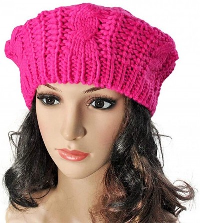 Cold Weather Headbands Womens Beret Hats Winter Warm Knit Baggy Beanie Ski Hat Slouchy Chic Bailey Cap - Hot Pink - CS18INXRO...