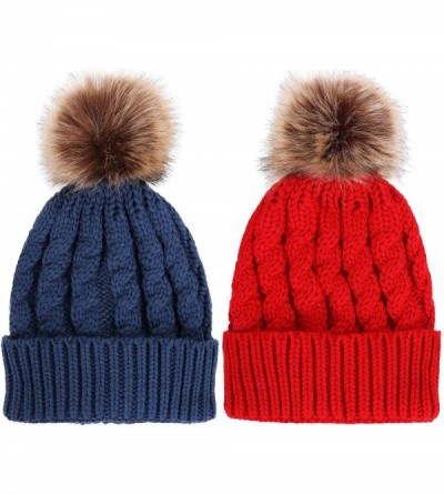 Skullies & Beanies Women's Winter Soft Chunky Cable Knit Pom Pom Beanie Hats Skull Ski Cap - 2pack_denim Blue/Red - CJ188ARUU...