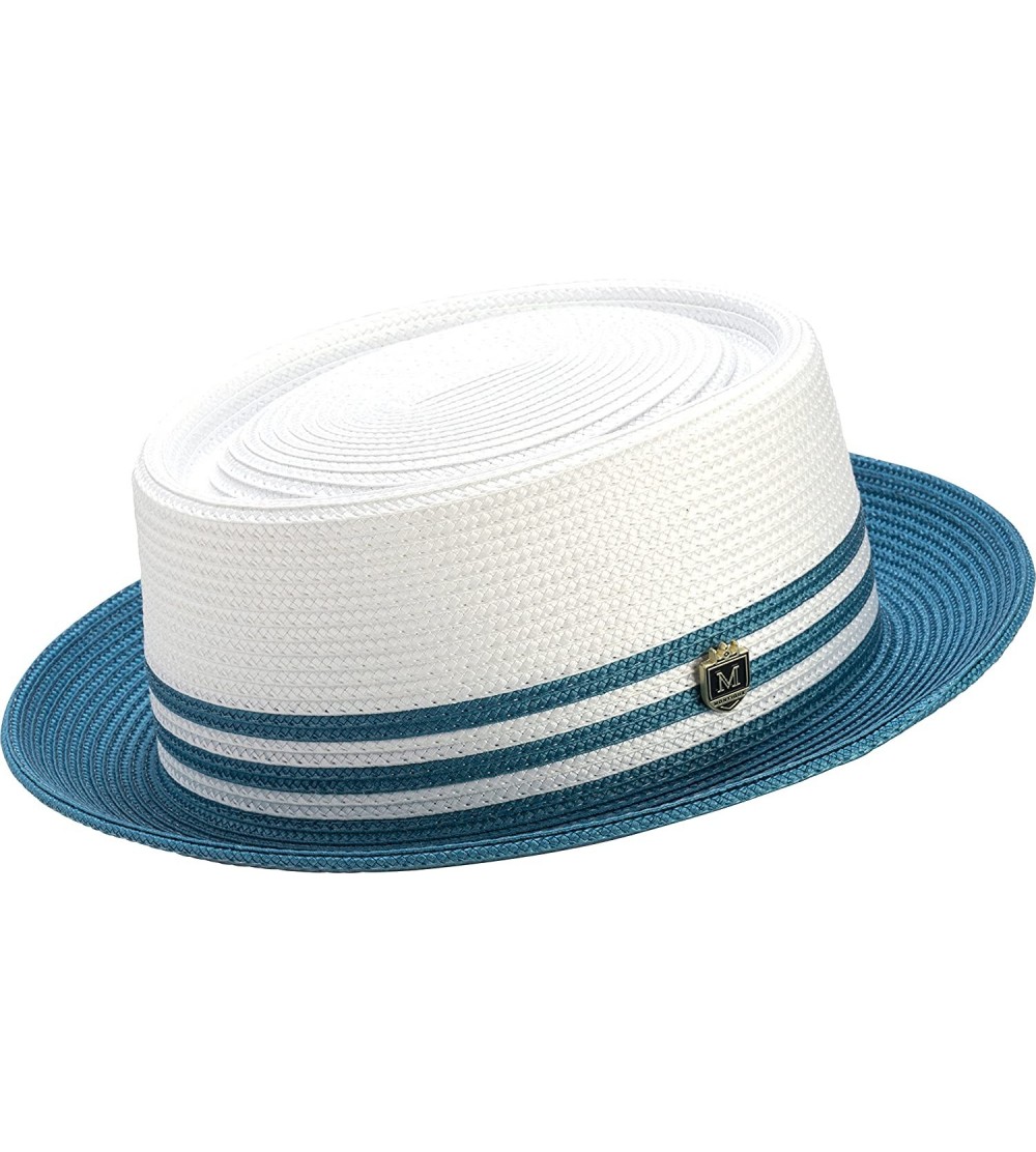 Fedoras Pork Pie Straw Two Tone Hat H-51 - Teal - CM182IOS5SL $38.68