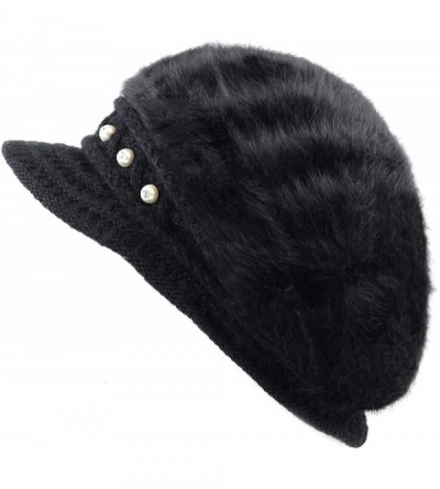Berets Applejack Style Angora Premium Sherpa Lining Elastic Band One Size Hat - Black - CJ128W8GDDV $11.75