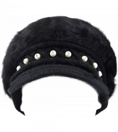 Berets Applejack Style Angora Premium Sherpa Lining Elastic Band One Size Hat - Black - CJ128W8GDDV $11.75