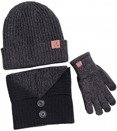 Skullies & Beanies Men's Winter Beanie Hat & Button Scarf & Touchscreen Gloves 3 Pieces Warm Knitted Set for Men - Gray - CK1...