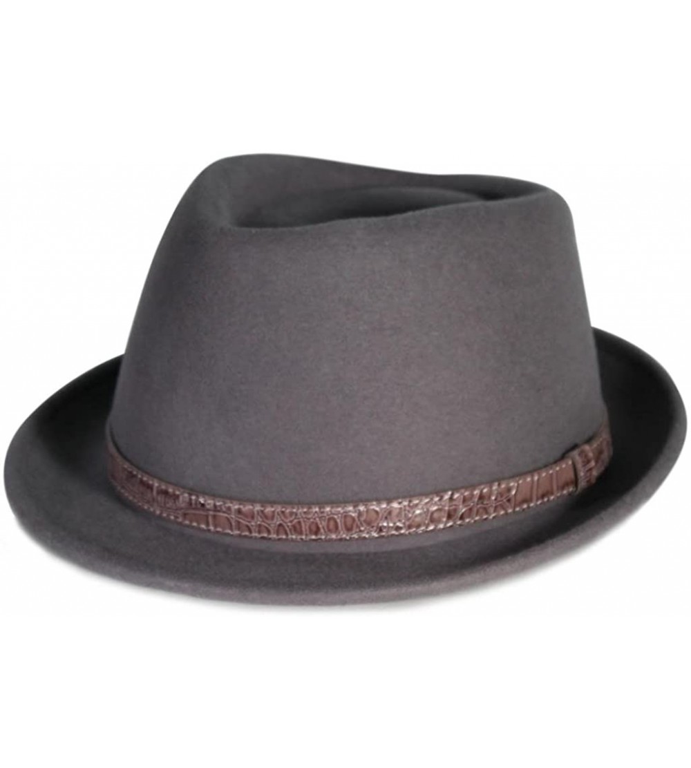 Fedoras Pmw86 Pamoa Wool Felt Fedora with Crocodile Leather Trim - Dark Grey - CX11G0J6HZT $19.01