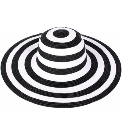 Sun Hats Womens Foldable Wide Brim Roll-up Straw Hat Beach Big Sun Cap UPF 50 - Black White Stripes - CN18D83K0CS $18.91