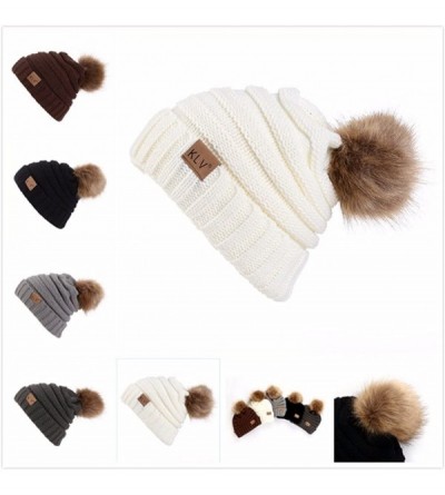 Skullies & Beanies Women Knit Wool Beanie with Fur Pom Poms Unisex Ski Cap Outdoor Thick Knit Hat Caps Skull for Teen Girls J...