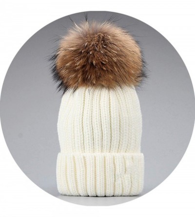 Skullies & Beanies Knitted Real Fur Hat 100% Real Raccoon Fur Pom Pom Hat Winter Women Hat Beanie for Women - White - CN18LZ9...