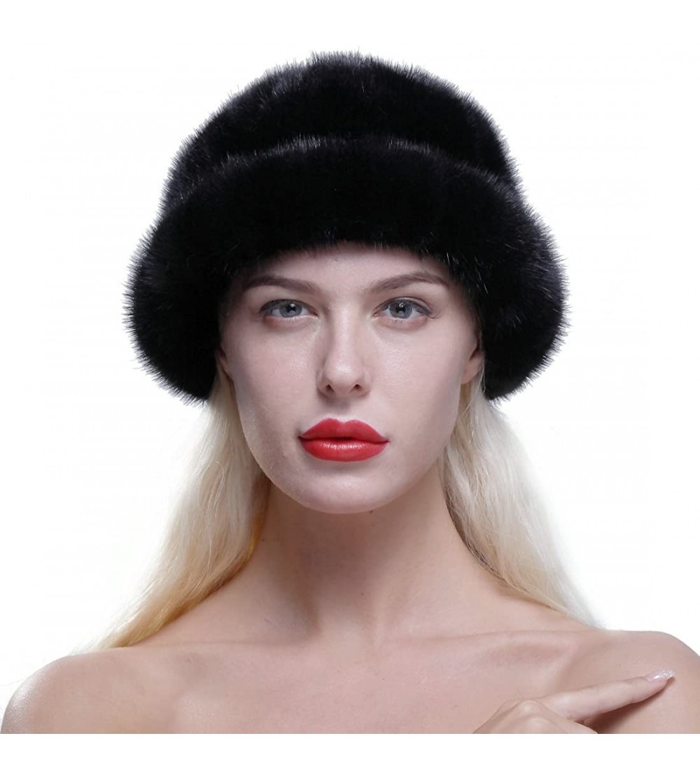 Bomber Hats Women's Genuine Mink Fur Roller Hat Cap with Mink Top Multicolor - Black - CM12N0F1ZLV $44.23