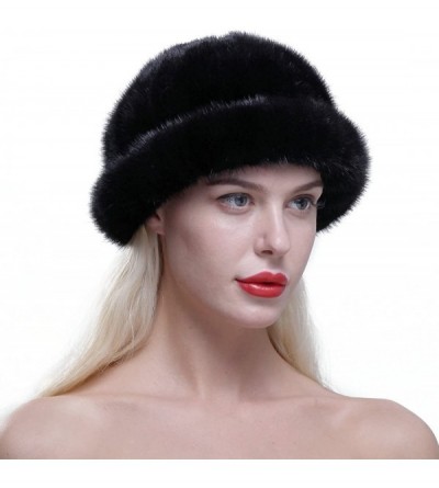 Bomber Hats Women's Genuine Mink Fur Roller Hat Cap with Mink Top Multicolor - Black - CM12N0F1ZLV $44.23