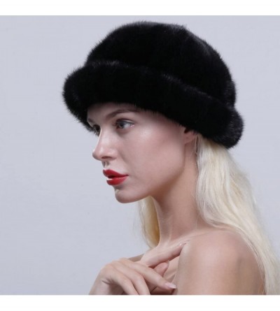 Bomber Hats Women's Genuine Mink Fur Roller Hat Cap with Mink Top Multicolor - Black - CM12N0F1ZLV $44.23