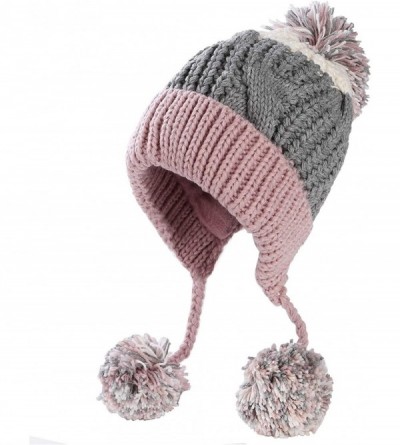 Skullies & Beanies Women Fleece Lined Winter Beanie Hat Ski Cap Ear Flaps Peruvian Dual Layered Pompoms - D01-graypink-ht016 ...