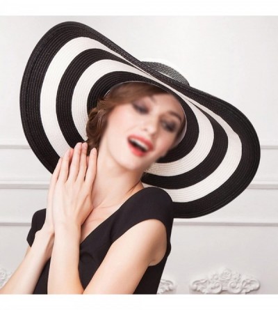 Sun Hats Womens Foldable Wide Brim Roll-up Straw Hat Beach Big Sun Cap UPF 50 - Black White Stripes - CN18D83K0CS $39.62