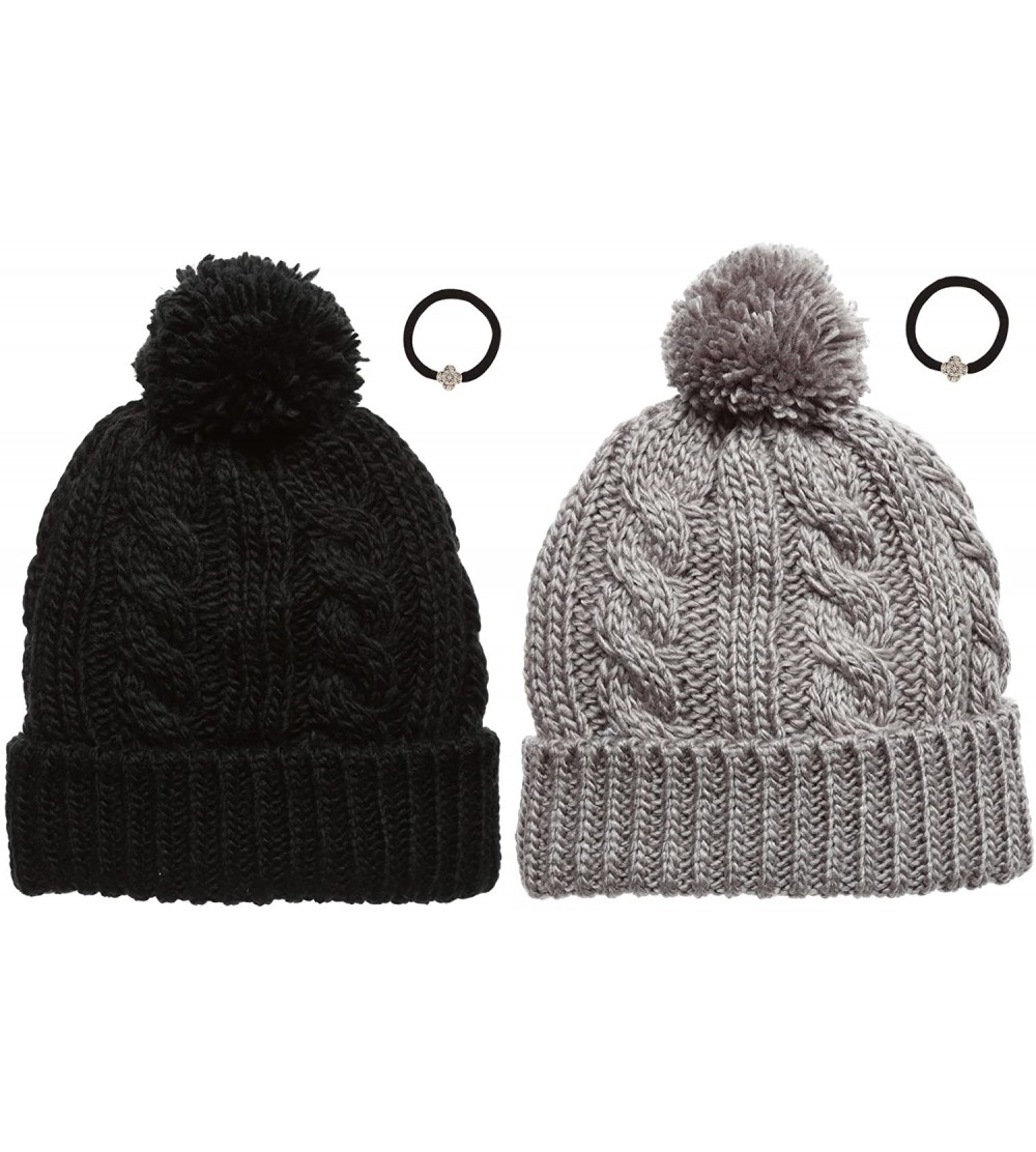 Skullies & Beanies Women's Thick Oversized Cable Knitted Fleece Lined Pom Pom Beanie Hat with Hair Tie. - 1 Black& 1 Light Gr...