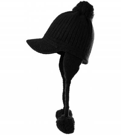 Skullies & Beanies Ladies Earflap Trapper Hat Faux Fur Hunting Hat Fleece Lined Thick Knitted - 99626_black - C318LDKOYA4 $20.08