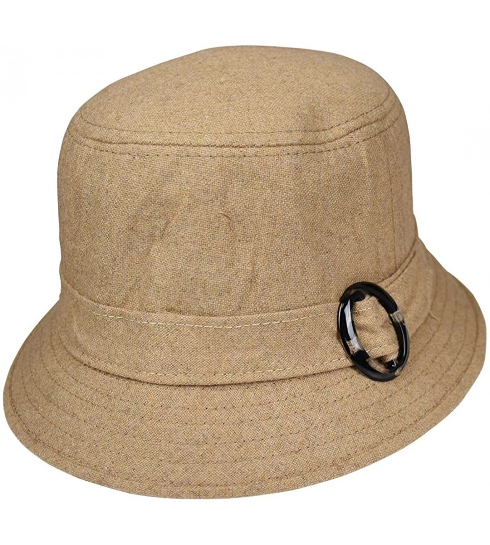 Bucket Hats Wool Ladies Bucket Hat Cloche with Round Buckle - Tan - C712C2YJ4PZ $21.84